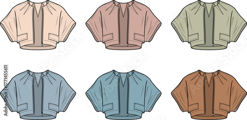Vector set of women's casual cropped tops with kimono sleeves and patch pockets, presented as a fashion flat technical drawing in multiple colorways