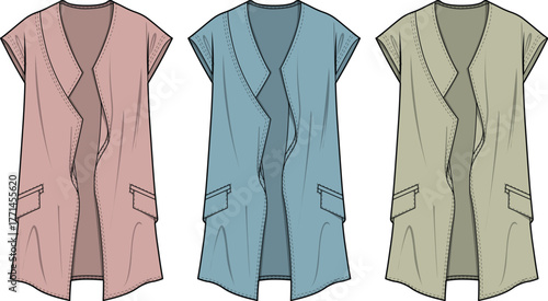 Three fashionable sleeveless vests in different pastel colors, showcased on a white background