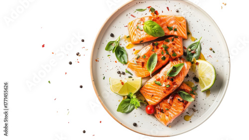 Salmon with lime and basil dish on transparent background
