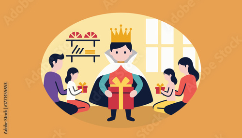 Child dressed as a king celebrating with family, Día de los Reyes

