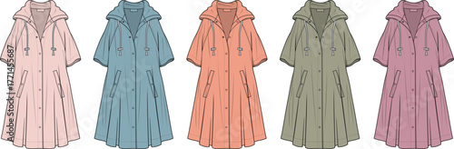 Colorful set of women's A-line hooded raincoats with short sleeves. Vector fashion design template for outerwear apparel and technical sketches