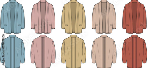 Set of women's long sleeve open front cardigan fashion flat technical sketches. Front and back view of apparel template mockups in multiple colorways for clothing design and tech packs