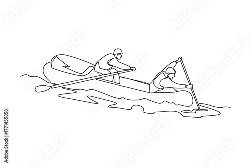 Simple continuous line draw of outdoor activity for rafting. Simple line, creativity, vector.