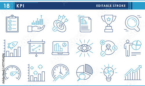 KPI icons set. Key performance indicator in business and finance. Vector editable stroke.