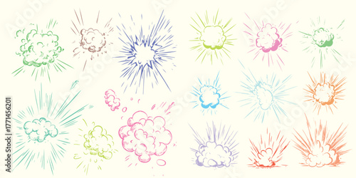 Hand-drawn explosion shape collection with comic blast effect and colorful smoke burst illustration style, perfect for poster, banner, game, or digital artwork design use.