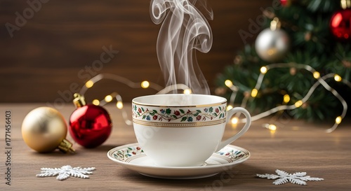 Wallpaper Mural Enjoy steaming coffee with festive Christmas tree decor creating cozy holiday cheer and warm seasonal celebration Torontodigital.ca