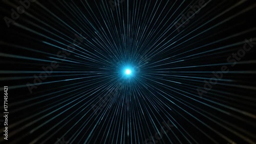 Abstract, futuristic image of a central light source with blue rays radiating outward
