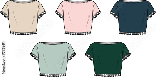 Fashion design concept of a women's crop top with lace trim sleeves and hem. Technical flat sketch garment template vector illustration set in multiple colorways