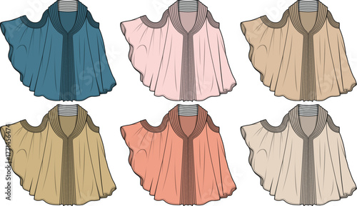 Flat technical fashion illustration showcasing a collection of stylish ponchos or capes in various soft, muted color palettes, perfect for textile design and apparel concepts