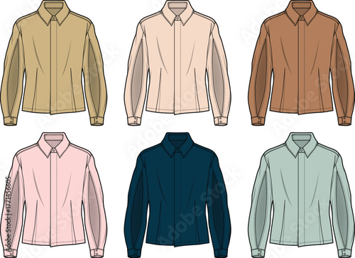 Collection of six detailed flat fashion sketches showcasing women's long-sleeved button-up shirts in a variety of versatile colors, ideal for apparel design and textile pattern development