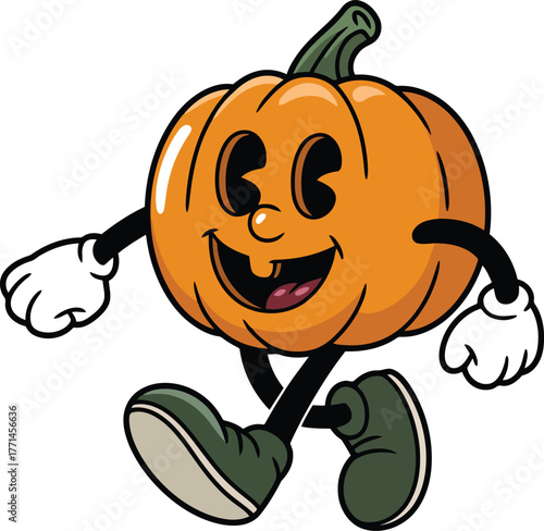 Cartoon pumpkin character walking happily with a smile