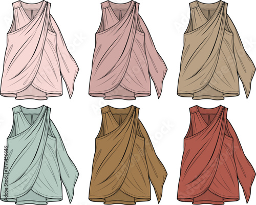 Elegant draped sleeveless tunic tops in six designer color options