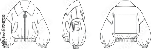 Fashion bomber jacket CAD drawing, flat vector technical illustration of trendy outerwear design, front side back view, white background, apparel template