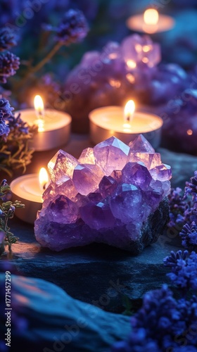 Candles and crystals at dusk: a mystical atmosphere with purple hues and flickering light.
Ideal for articles on meditation, spiritual practices, esotericism, as well as interior design  