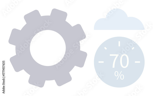 Large gear beside a cloud and 70 gauge icon merging technology, optimization, and data. Ideal for process management, automation, cloud systems, innovation, weather updates, progress tracking
