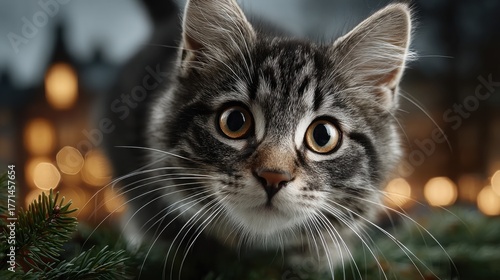 curious kitten with striking eyes is crawling through evergreen branches, surrounded by twinkling lights during a chilly evening. atmosphere is warm and inviting