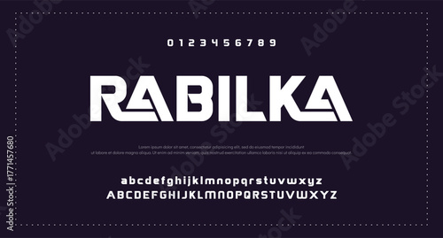 Technology font, digital cyber alphabet made sport style, letters A, B, C, D, E, F, G, H, I, J, K, L, M, N, O, P, Q, R, S, T, U, V, W, X, Y, Z and numerals 0, 1, 2, 3, 4, 5, 6, 7, 8, 9.