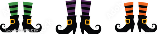 Three pairs of striped witch boots with buckles on white background
