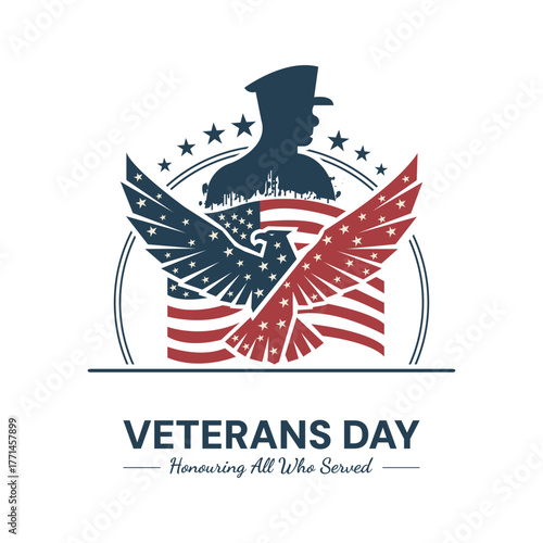 Happy Veterans Day poster, banner, and card template with American flag, brave soldier, and eagle illustration. Honoring all who served design celebrating courage and patriotism.