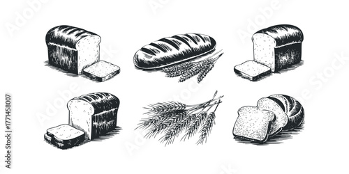 Bakery assortment with wheat stalks and sliced bread loaves