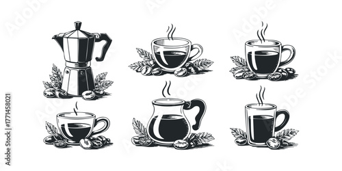 Collection of coffee brewing and serving vessels with beans