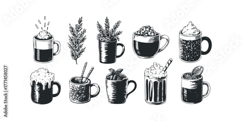 Collection of nine hand-drawn beverage mugs with varied toppings