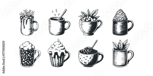 Collection of eight illustrated mugs filled with various beverages and toppings