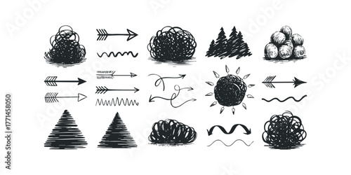 Hand drawn scribbled elements and arrows on white background