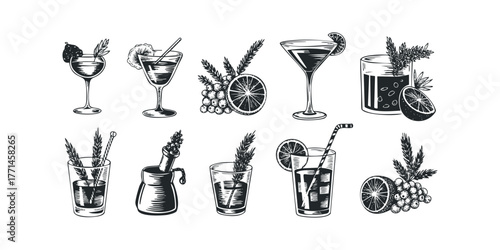 Collection of Vintage Style Hand Drawn Drinks and Garnishes