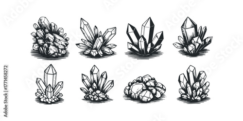 Collection of hand-drawn sparkling crystal clusters