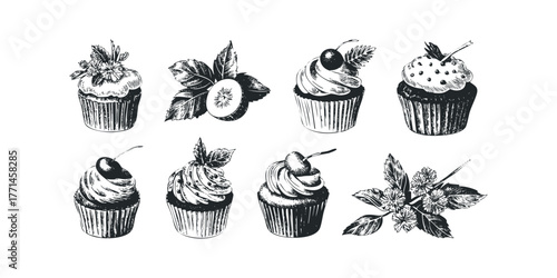 Hand Drawn Sketch of Cupcakes with Fruit and Leaves