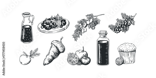 Variety of food items and liquids in containers