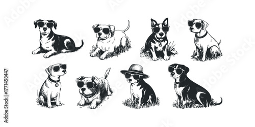 Seven dogs wearing sunglasses and hats in various poses on grass