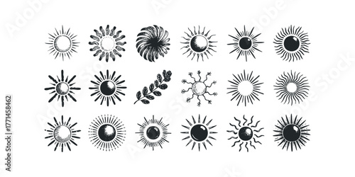 Collection of diverse hand-drawn sun and floral motif icons