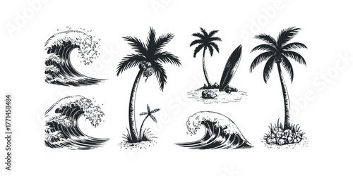 Ocean waves and palm trees with surfboard and coconuts