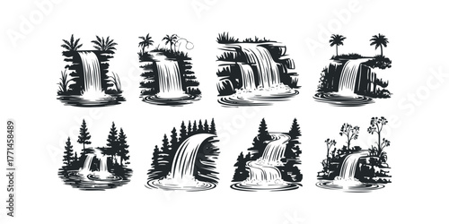 Set of Diverse Waterfall Scenery Silhouettes