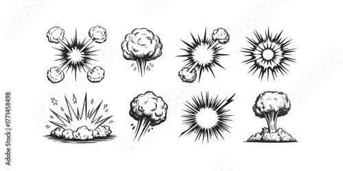 Eight comic book style explosion graphics with smoke clouds