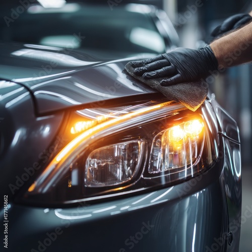 Detailing car hand polishing of the headlight