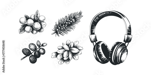 Hand drawn collection of grapes, wheat, berries, and headphones