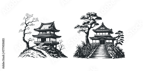 Traditional East Asian pagodas nestled on grassy hillsides