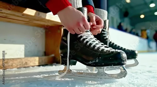 Skater preparing for ice performance, lacing up black ice skates on rink, showcasing detailed action sequence, camera follows movement closely, capturing the anticipation and focus of the moment