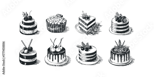 Collection of Eight Hand-Drawn Cakes and Pastries