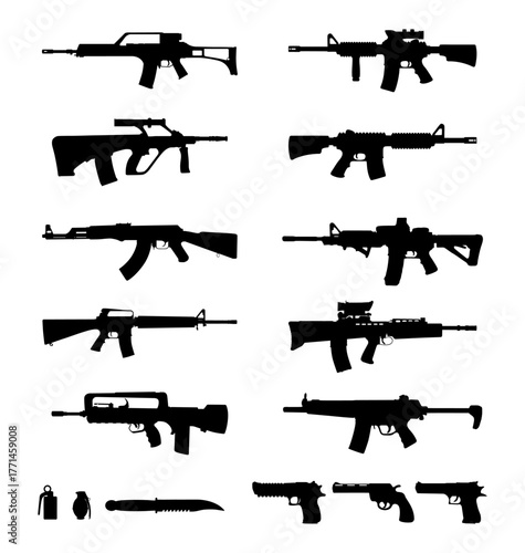 collection of weapon and firearm silhouettes including rifles pistols and ammunition