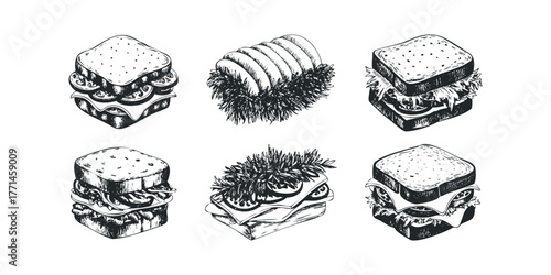 Sketch of diverse sandwiches with fresh ingredients