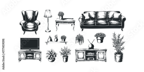 Set of Antique Furniture and Plants Sketch