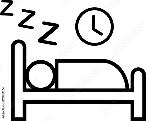 Sleeping bed with zzz and alarm clock vector icon black flat and line style, includes bedtime rest symbol, night sleep concept, nap illustration, relaxation and dream design