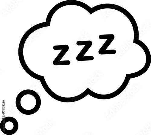 ZZZ bubble icon in black flat and line style, includes sleep symbol, dream text cloud, nap relaxation mark, tired expression sign, bedtime and rest concept illustration