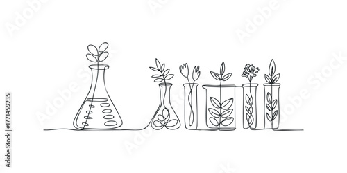 Laboratory glassware with growing plants in continuous line drawing