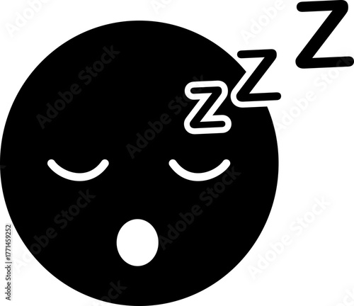 Sleeping face emoji with zzz vector icon in black flat and line style, includes tired face symbol, rest sleep emoticon, nap relaxation illustration, dream and bedtime concept