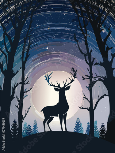 Silhouette of a majestic deer standing in a forest under a starry sky